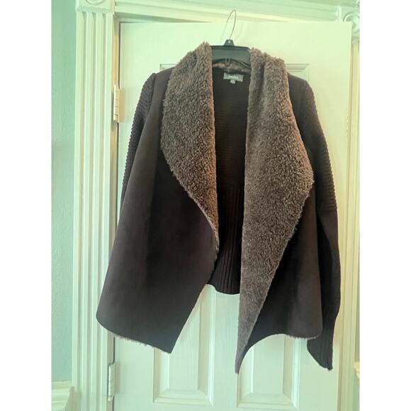 Neiman Marcus Open Front Knit Cardigan Sweater Women M Faux Fur Hobbit Neutral - Picture 1 of 8